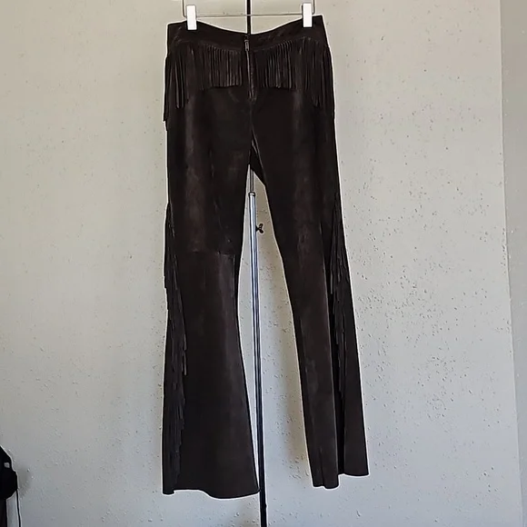 Genuine Leather Dark Brown Pants with Fringe Details  Size 8 Aprox - Picture 3 of 16